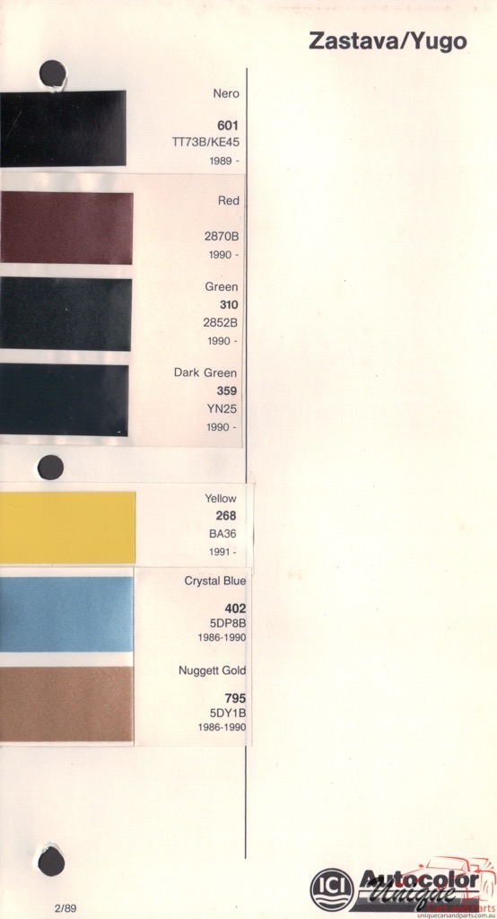 1986 - 1994 Yugo Paint Charts Autocolor